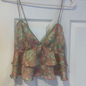 Pink and green floral crop tank top